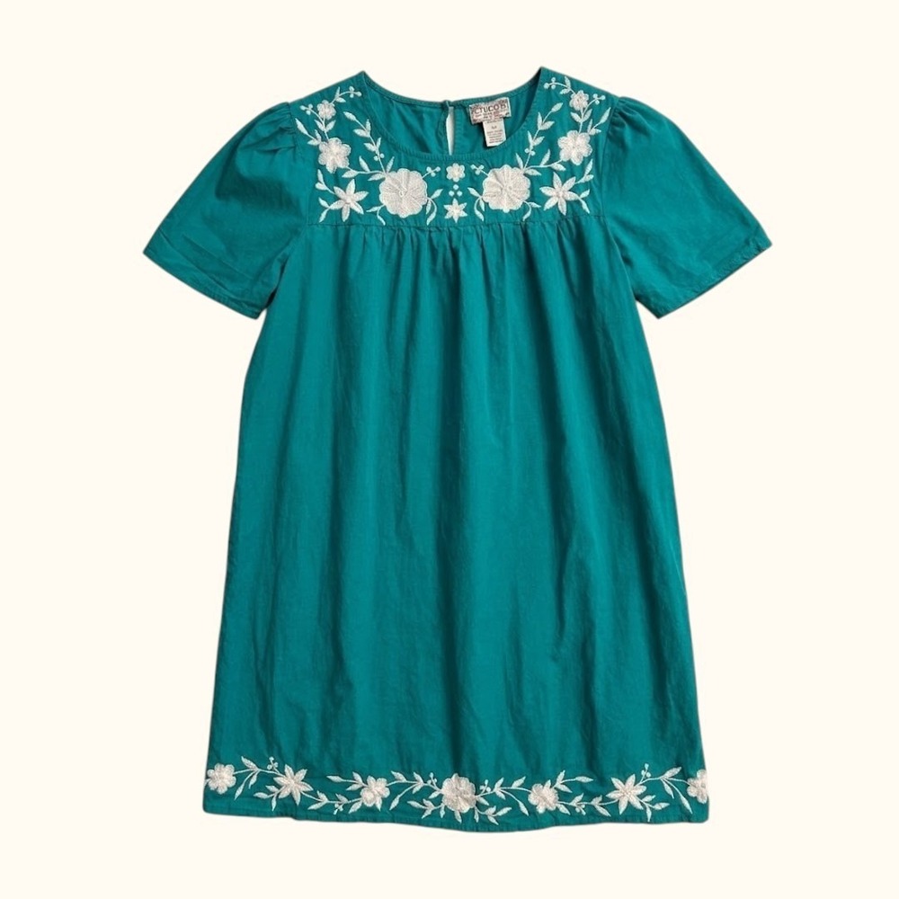 Green Cotton Floral Embroidered Boho Shift Dress Medium